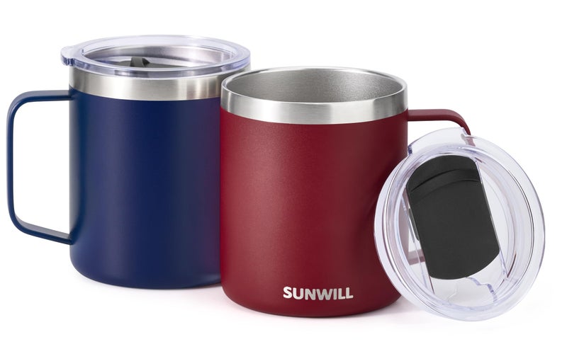 SUNWILL Travel Coffee Mug Set of 2, Insulated Tumbler with Lid, 14 oz Stainless Steel Cup with Handle for Camping, Office, Home, Powder Coated Navy Blue & Wine Red - Image 2